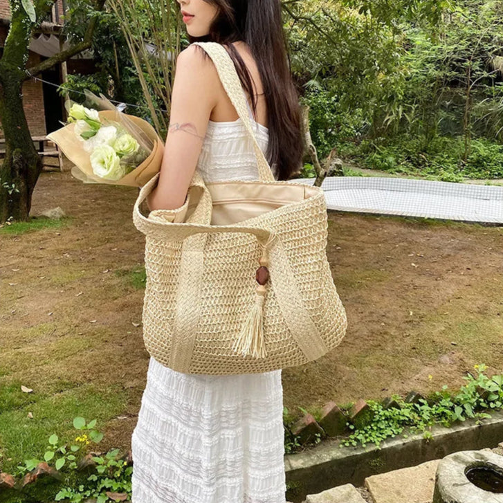 Elegant Ladies Straw Woven Handbag Women Holiday Beach Commute Casual Tote Top-Handle Bags Fashion Retro Shoulder Bags