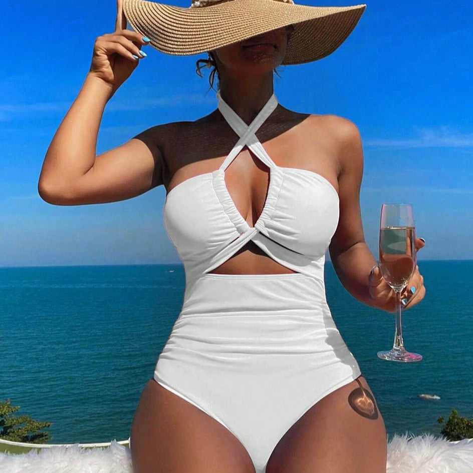 Drawstring One-piece Women Swimsuit Female High Waisted Bikini Bandeau Halter Bathing Suit Swimming for Monokini