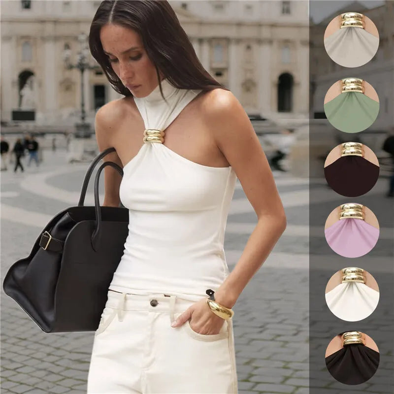 Turtleneck Basic Knit Tank Tops Women Vest Pullovers Metal Ring Camisole Sleeveless Skinny Knitted Tops