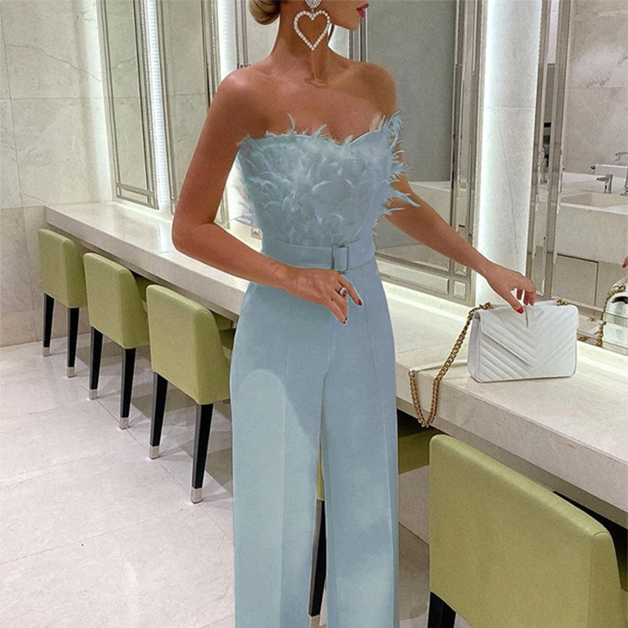 Elegant Jumpsuit Women Sleeveless Off Shoulder Plush Feather Belt Buckle Long Romper Chic High Waist Straight Leg Jumpsuit