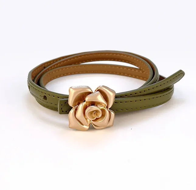 New Unique Rose Genuine Leather Gold Belt Women Fashion Cowskin Flower Thin Belts Female Jeans Dress Waistband