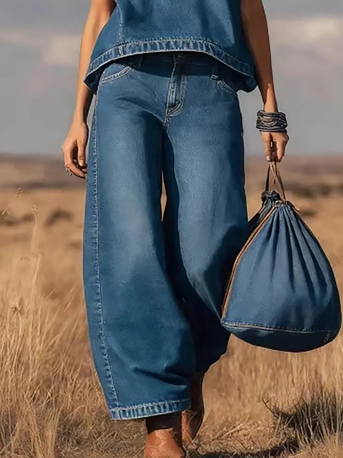 Vintage Western Denim Vest Top Two Piece Set Solid Crew Neck Sleeveless Loose T-Shirt With Wide Leg Pants