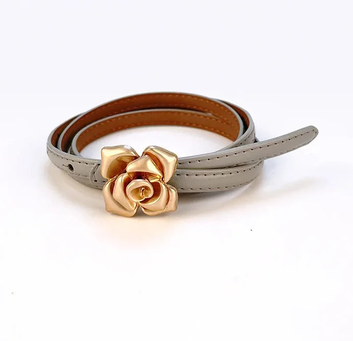 New Unique Rose Genuine Leather Gold Belt Women Fashion Cowskin Flower Thin Belts Female Jeans Dress Waistband