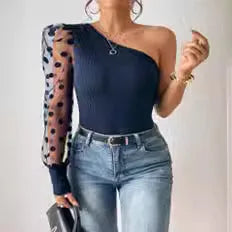 Slanted Shoulder Single Sleeve Polka Dots - Mesh Patchwork Long Sleeved Waist Cinched Women's Top