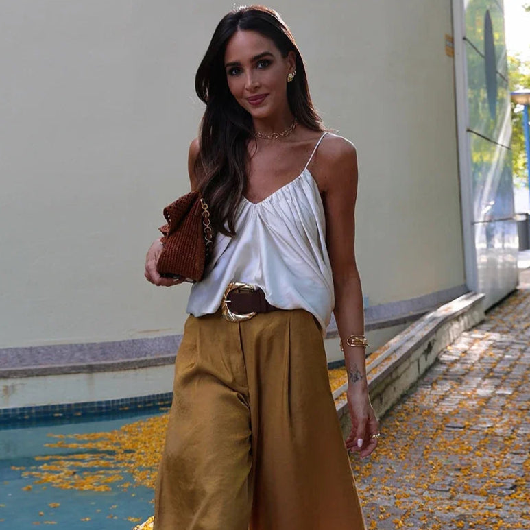 Elegant Women Vest Pants Set Solid Sling V-neck Backless Tops Belt Zipper Wide Leg Long Trouser Lady Suit