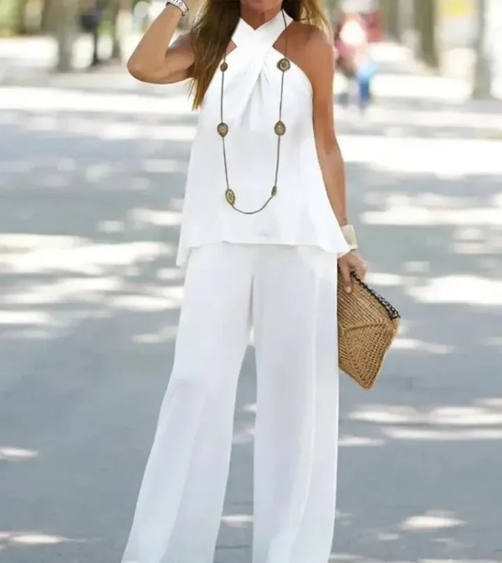Two-Piece Set Halter Sleeveless V-Neck Top & High Waist Pants Set Casual Femme Fashion Loose Outfits for Woman
