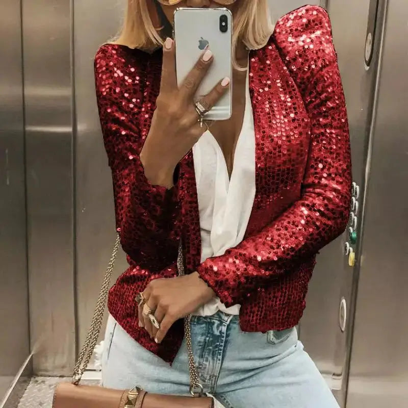 Women Glitter  Sequin Sparkle Jacket  Shiny Long Sleeve Zip Blazer