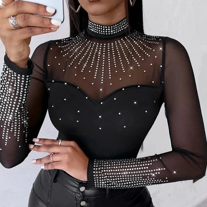 Sexy Bodysuit Women - Mock Neck Long Sleeve Rhinestone Decor Sheer - Mesh Patch Bodysuits Casual Skinny Top