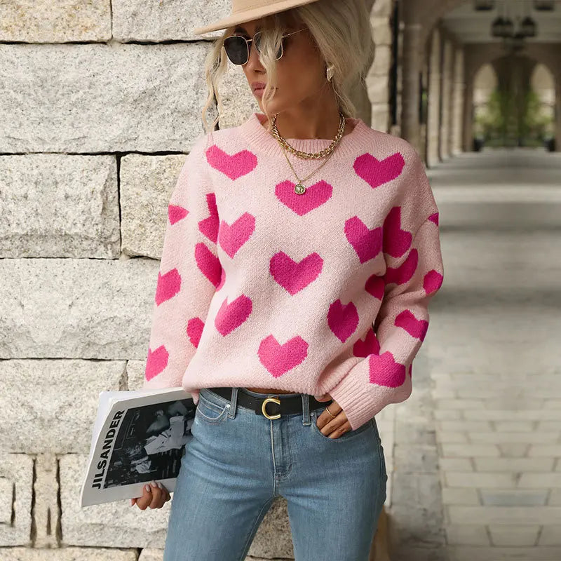 Sweet And Caring Women's Long Sleeved Sweater - Valentine's Day Casual Pink Sweater Round Neck