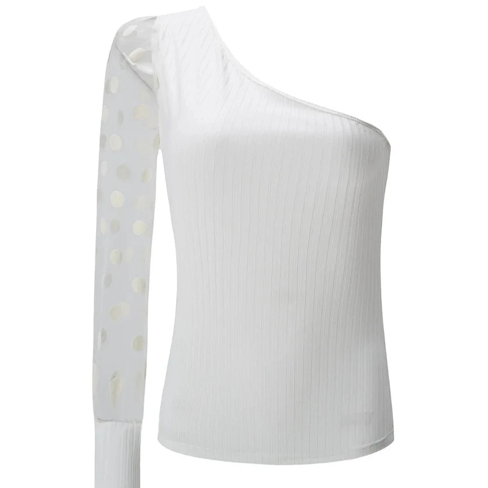 Slanted Shoulder Single Sleeve Polka Dots - Mesh Patchwork Long Sleeved Waist Cinched Women's Top
