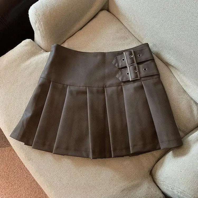 Coffee leather skirt for women, high waisted A-line pleated short skirt, fashionable and trend