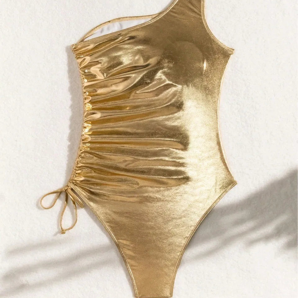 Metallic One Shoulder One Piece Swimsuit Sleeveless Wireless High Cut Summer Beach Monokini Gold