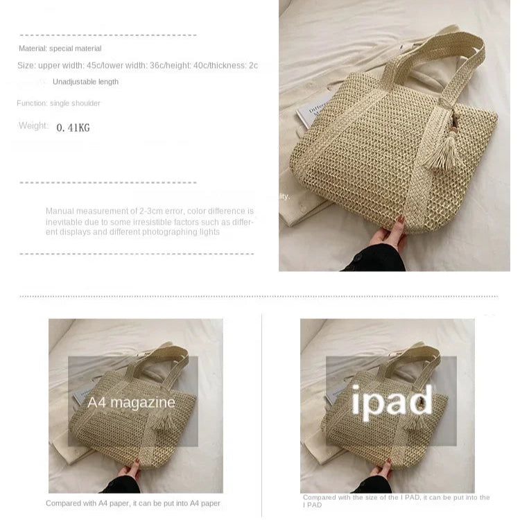 Elegant Ladies Straw Woven Handbag Women Holiday Beach Commute Casual Tote Top-Handle Bags Fashion Retro Shoulder Bags