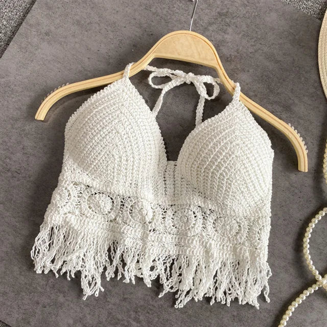 Sexy Boho Beach Holid Camisole Halter Crochet Knit Swimsuit Bra Backless Vest Hollow Tassel Tank Top Women's Crop Tops