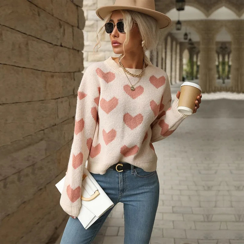 Sweet And Caring Women's Long Sleeved Sweater - Valentine's Day Casual Pink Sweater Round Neck