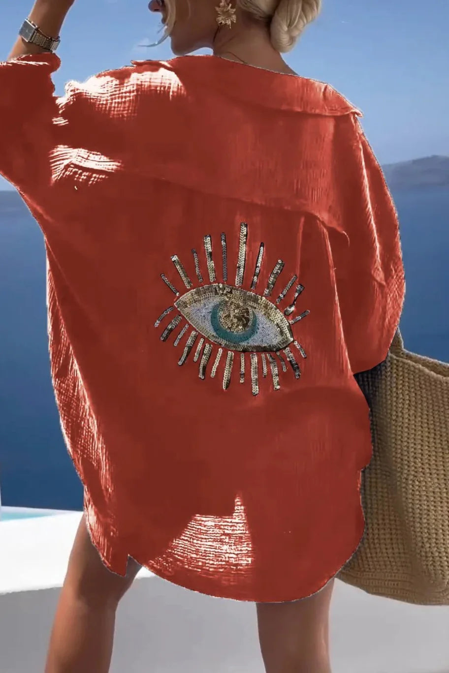 Casual Sequin Eye Shirt Dresses - Beach Style Loose Button Sun Protection - Cotton Linen Shirt Dress