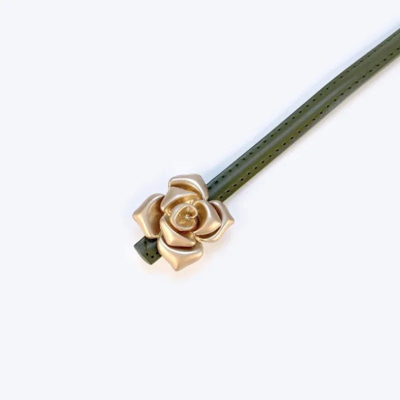 New Unique Rose Genuine Leather Gold Belt Women Fashion Cowskin Flower Thin Belts Female Jeans Dress Waistband