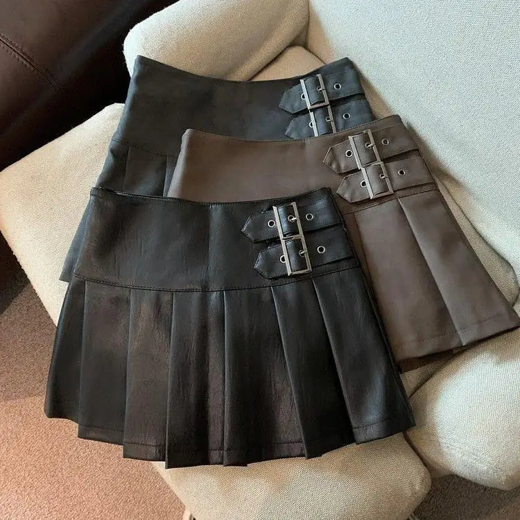 Coffee leather skirt for women, high waisted A-line pleated short skirt, fashionable and trend