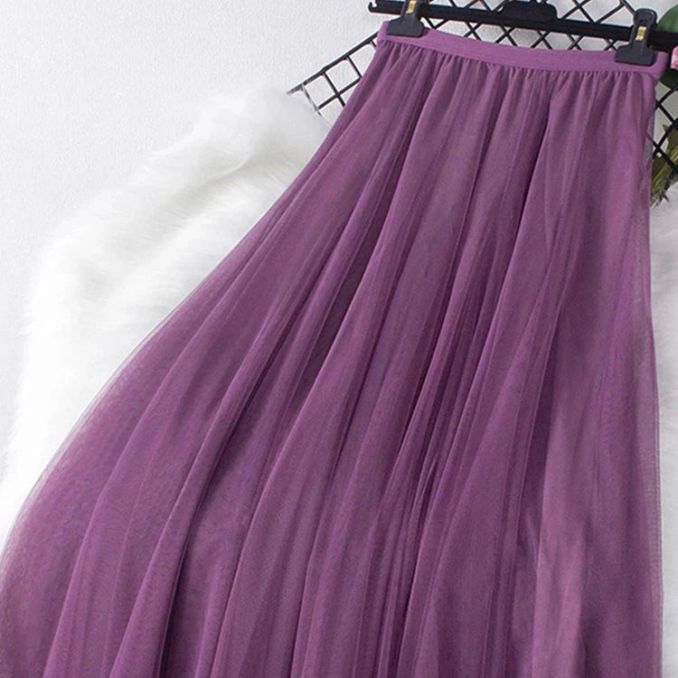 Long Tulle Skirt - Casual High Waist Solid Simple 3 Layers Long Skirt - Long skirt in various colors