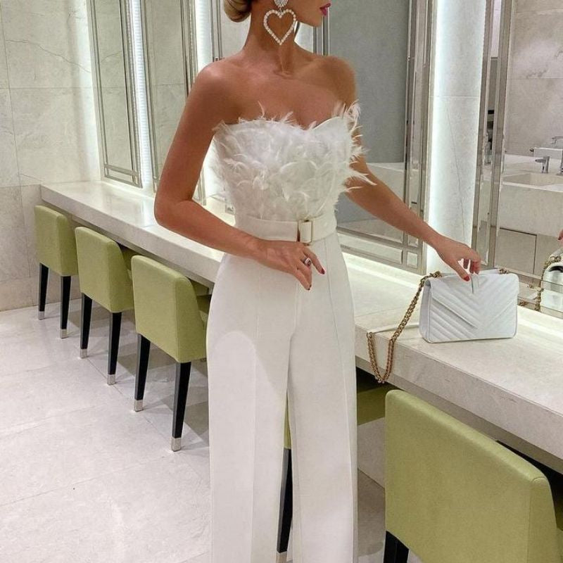 Elegant Jumpsuit Women Sleeveless Off Shoulder Plush Feather Belt Buckle Long Romper Chic High Waist Straight Leg Jumpsuit