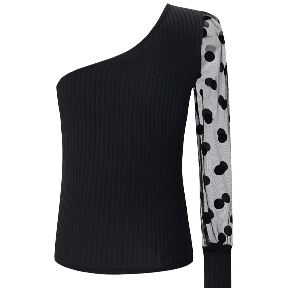 Slanted Shoulder Single Sleeve Polka Dots - Mesh Patchwork Long Sleeved Waist Cinched Women's Top