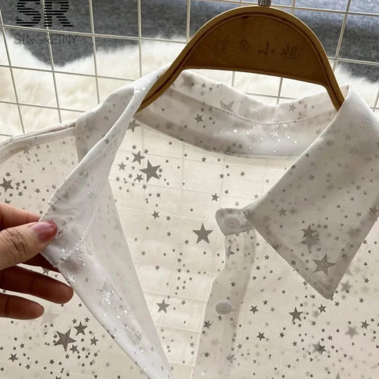 Sequins Lapel Shirt Women - Elegant Loose Long Sleeve Transparent Blose - Casual Shine Blouse