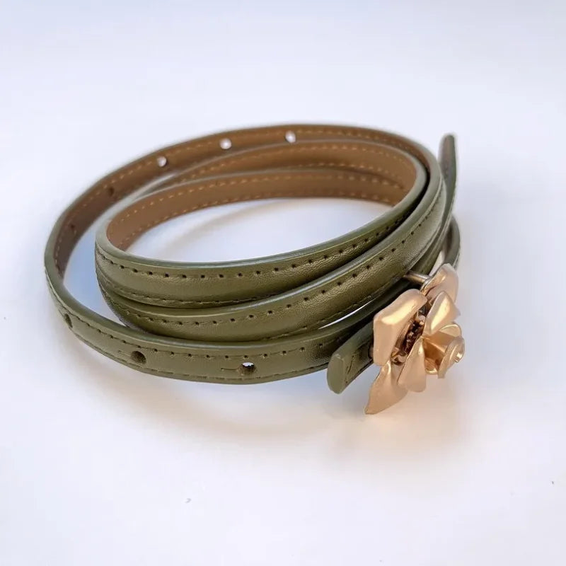 New Unique Rose Genuine Leather Gold Belt Women Fashion Cowskin Flower Thin Belts Female Jeans Dress Waistband