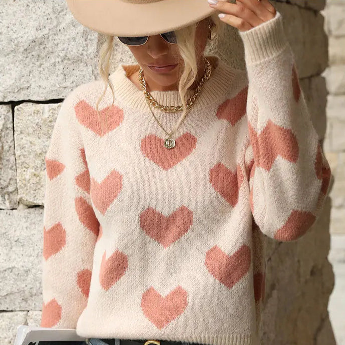 Sweet And Caring Women's Long Sleeved Sweater - Valentine's Day Casual Pink Sweater Round Neck