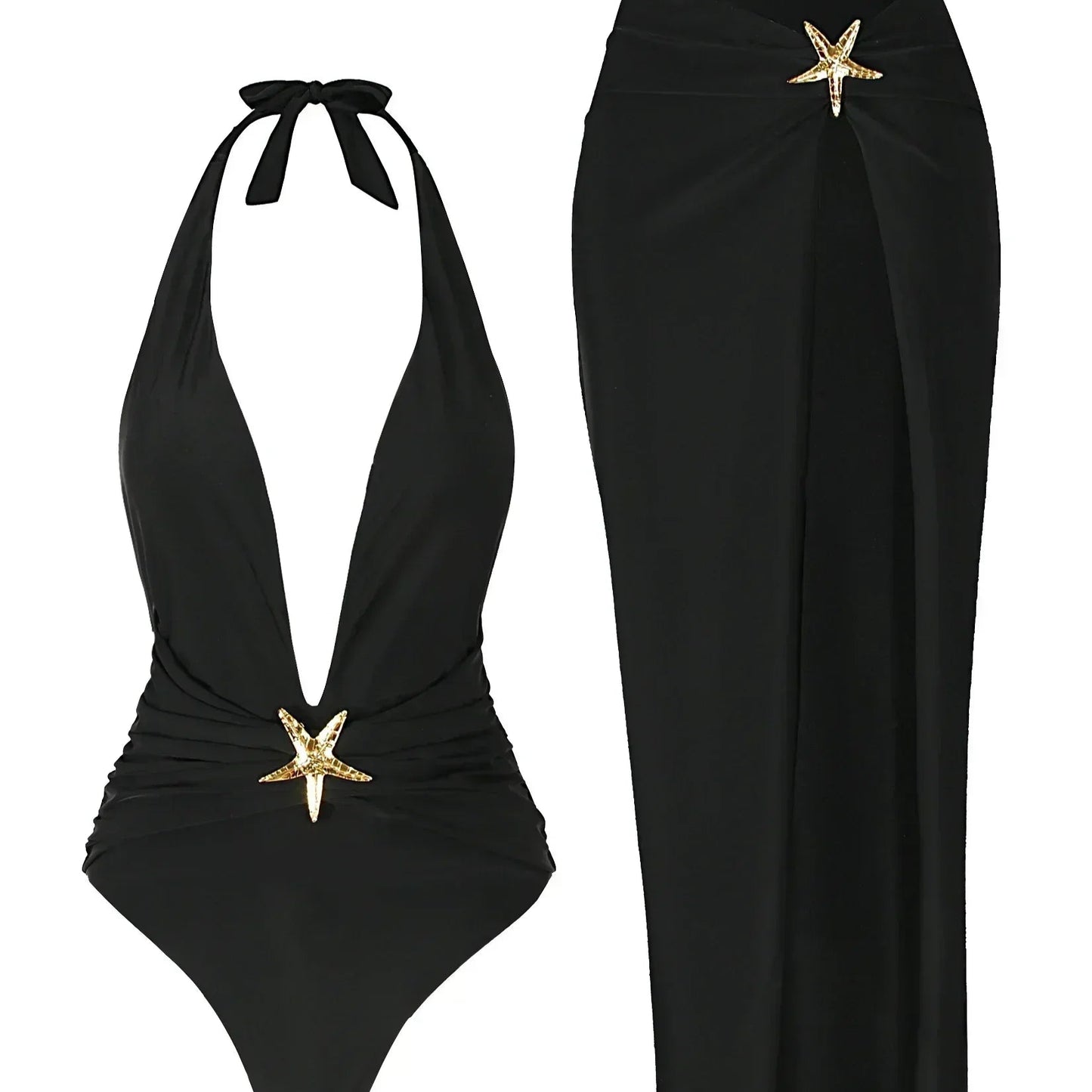 2 Piece Swimsuits for Elegant Women Starfish One Piece Bathing Suits with High Split Skirt Cover ups Sexy Halter Bikini Sets