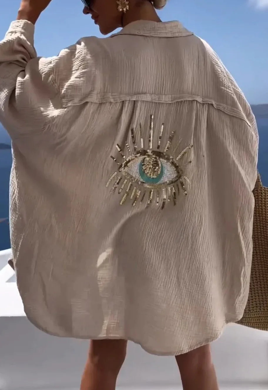 Casual Sequin Eye Shirt Dresses - Beach Style Loose Button Sun Protection - Cotton Linen Shirt Dress