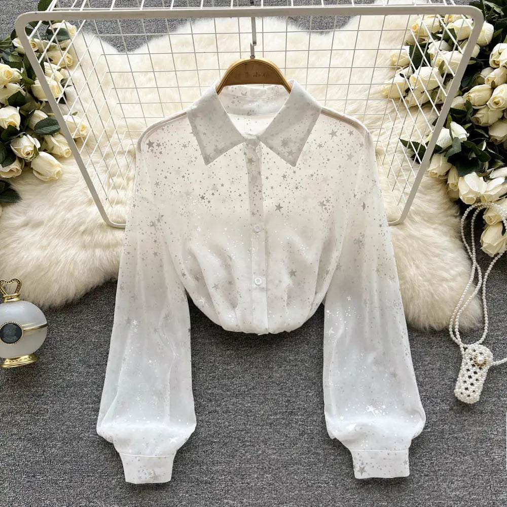 Sequins Lapel Shirt Women - Elegant Loose Long Sleeve Transparent Blose - Casual Shine Blouse