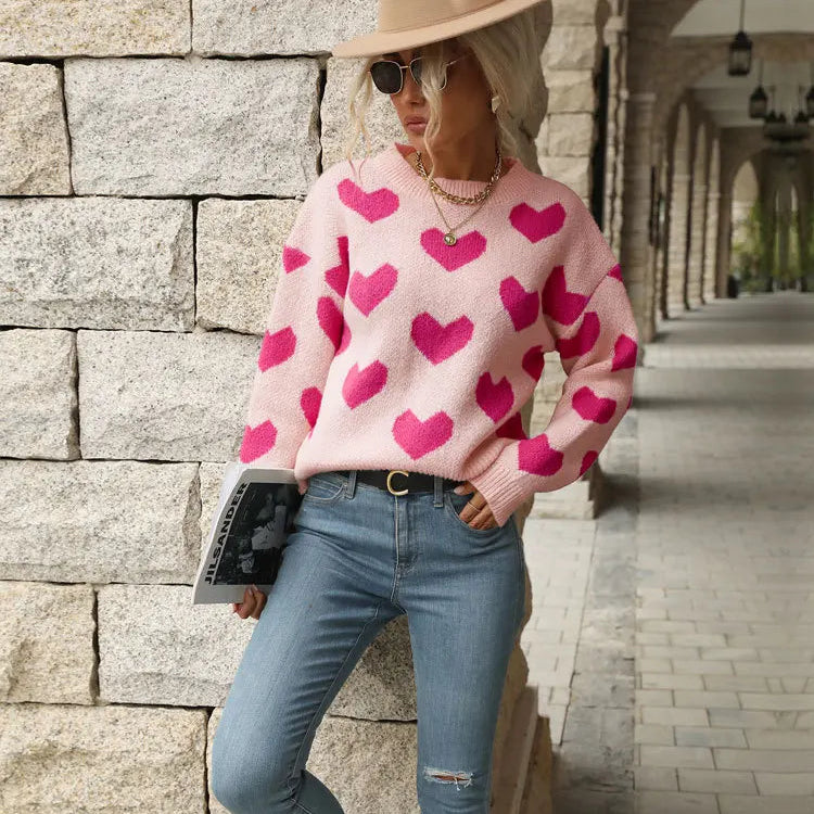 Sweet And Caring Women's Long Sleeved Sweater - Valentine's Day Casual Pink Sweater Round Neck
