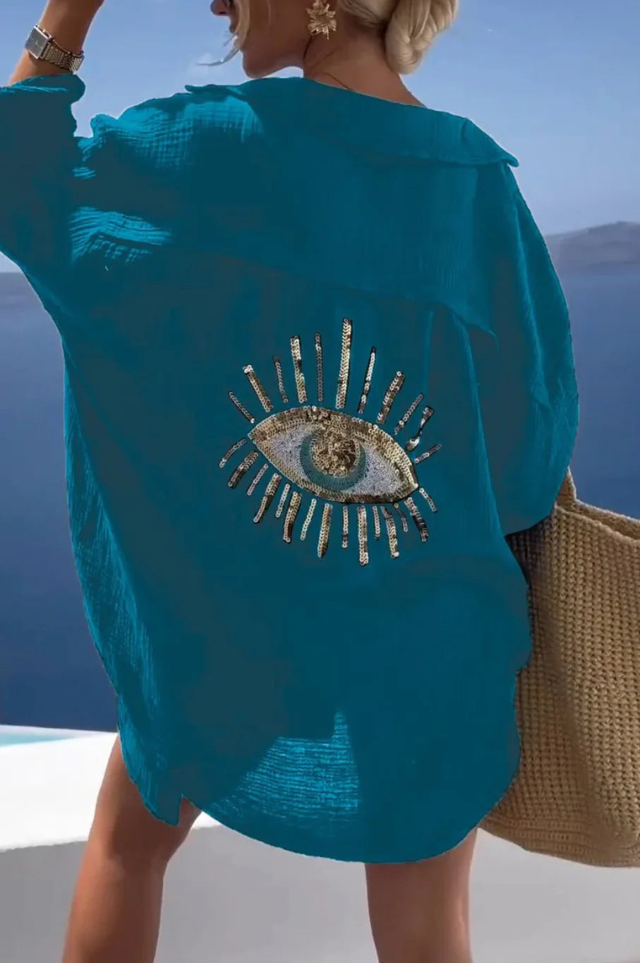 Casual Sequin Eye Shirt Dresses - Beach Style Loose Button Sun Protection - Cotton Linen Shirt Dress