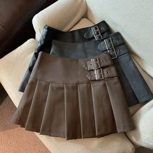 Coffee leather skirt for women, high waisted A-line pleated short skirt, fashionable and trend