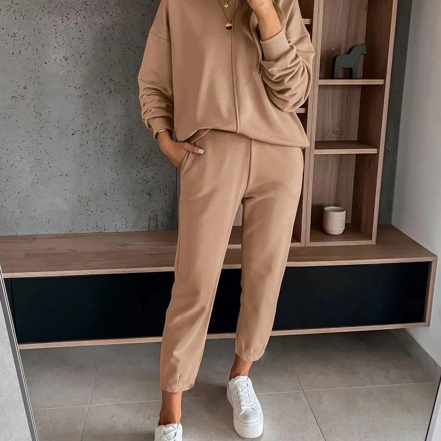 Mocha Color Casual T-shirt Pants Women's 2 Piece Set Fashion Simple Pocket Nine Point Pants Sports Suit Female 2025