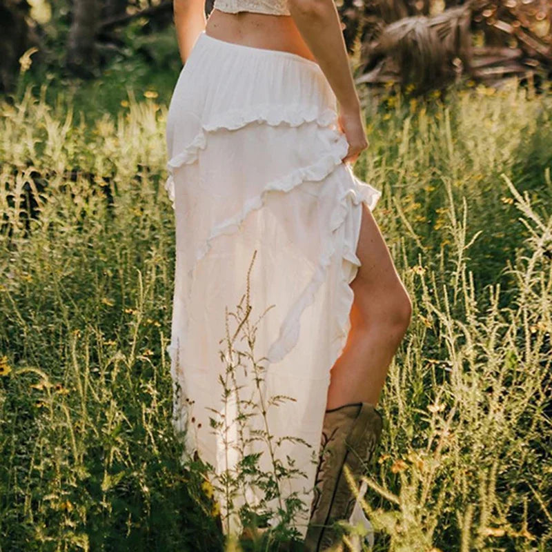 White Trim Midi Skirts - Split Low Waisted Tie Up Long Skirts - Summer French Skirts Holiday Beach