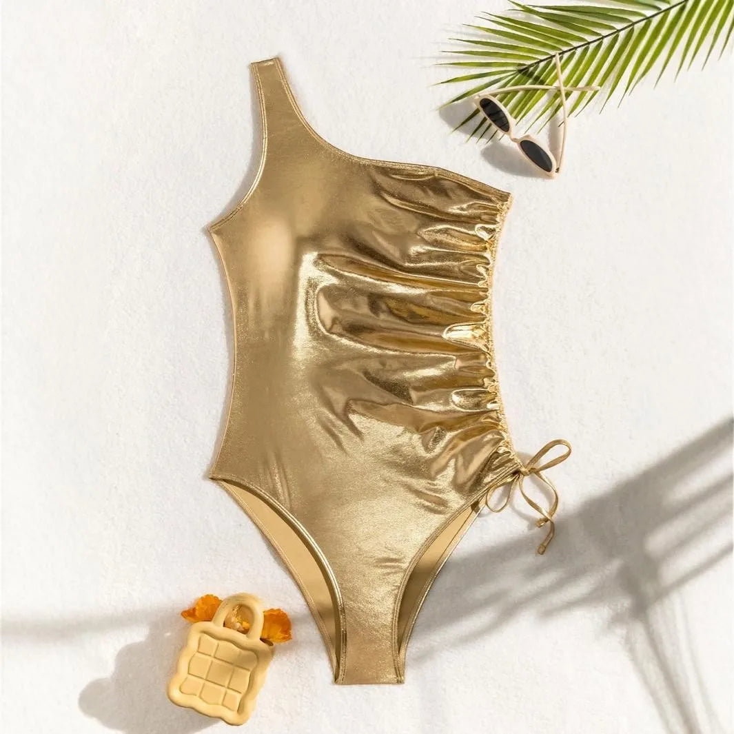 Metallic One Shoulder One Piece Swimsuit Sleeveless Wireless High Cut Summer Beach Monokini Gold