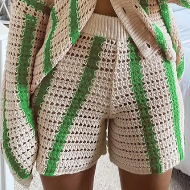 2-piece set of crochet striped shirts with V-neck, half sleeves, and wide-leg pants, summer beach vacation outfits