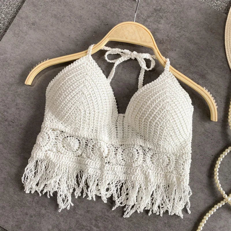 Sexy Boho Beach Holid Camisole Halter Crochet Knit Swimsuit Bra Backless Vest Hollow Tassel Tank Top Women's Crop Tops