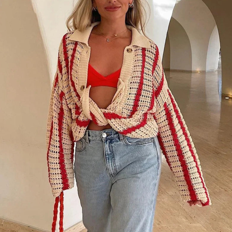 2-piece set of crochet striped shirts with V-neck, half sleeves, and wide-leg pants, summer beach vacation outfits