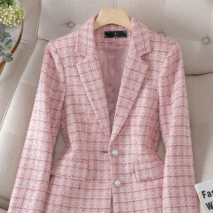 Long Sleeve Women Blazer - Ladies Pink & Beige Plaid Female Casual Jacket Coat