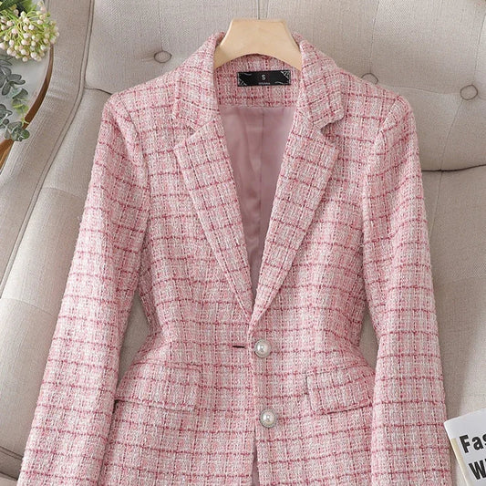 Long Sleeve Women Blazer - Ladies Pink  & Beige Plaid Female Casual Jacket Coat