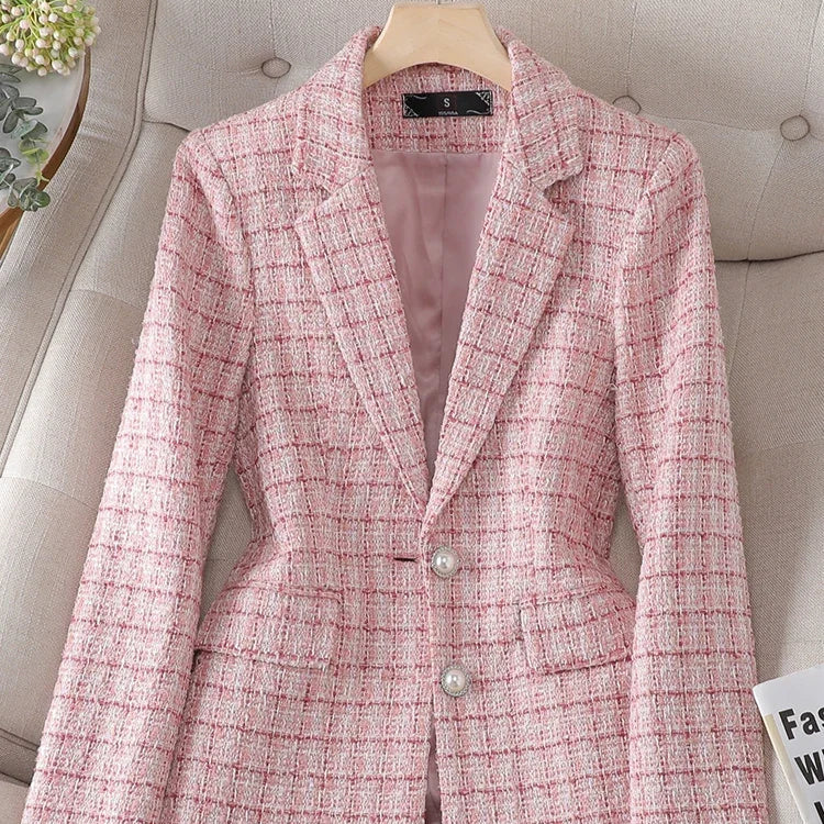 Long Sleeve Women Blazer - Ladies Pink & Beige Plaid Female Casual Jacket Coat