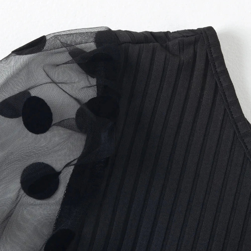 Slanted Shoulder Single Sleeve Polka Dots - Mesh Patchwork Long Sleeved Waist Cinched Women's Top