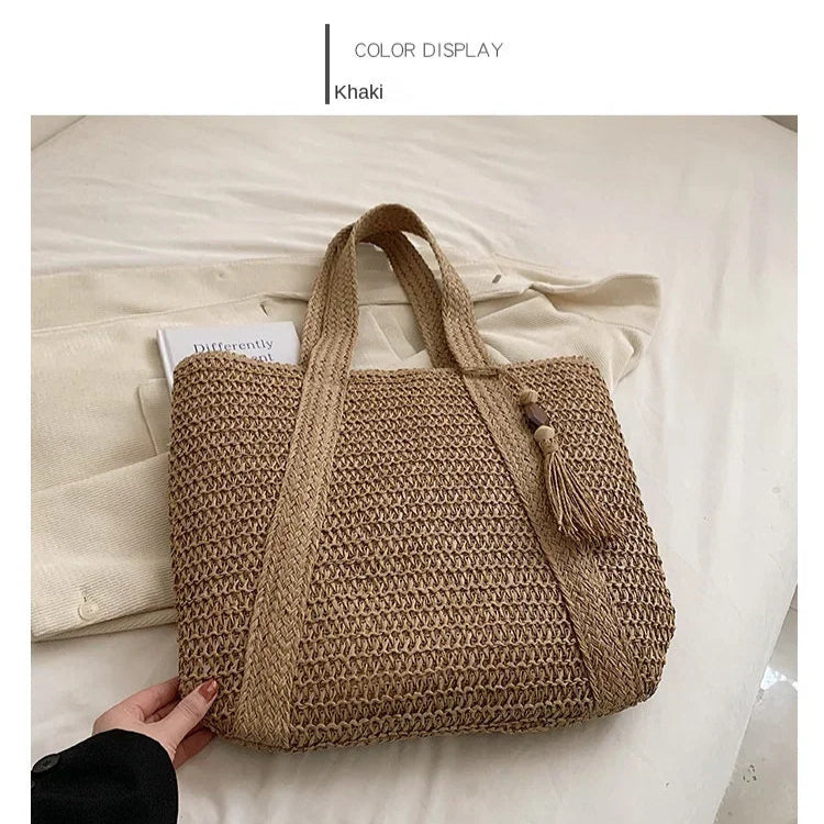 Elegant Ladies Straw Woven Handbag Women Holiday Beach Commute Casual Tote Top-Handle Bags Fashion Retro Shoulder Bags