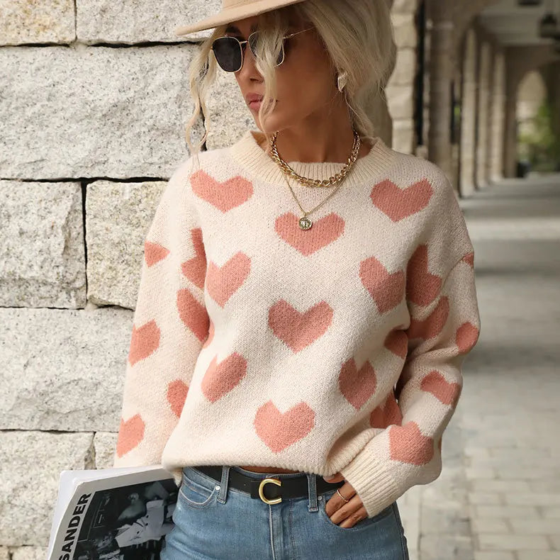 Sweet And Caring Women's Long Sleeved Sweater - Valentine's Day Casual Pink Sweater Round Neck