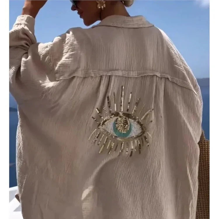 Casual Sequin Eye Shirt Dresses - Beach Style Loose Button Sun Protection - Cotton Linen Shirt Dress