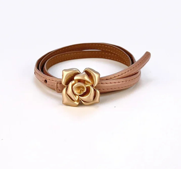 New Unique Rose Genuine Leather Gold Belt Women Fashion Cowskin Flower Thin Belts Female Jeans Dress Waistband