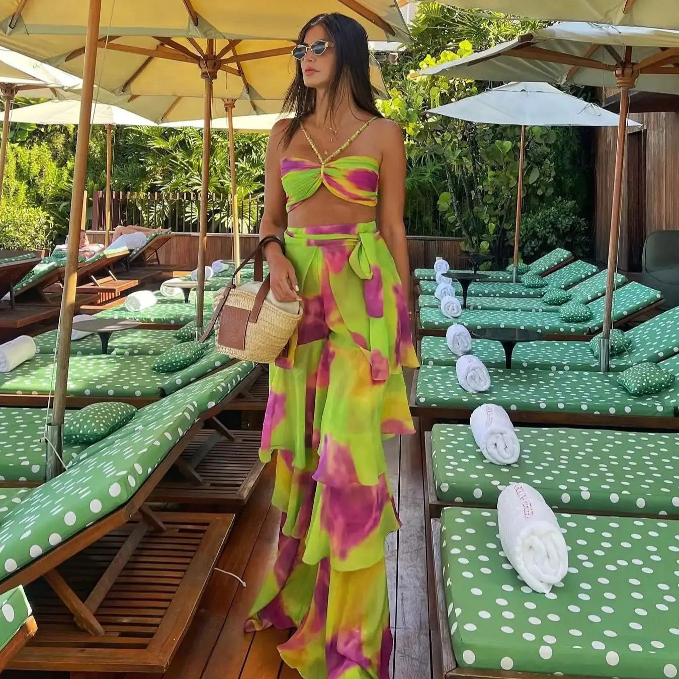Sexy Print 3 Pics Women Bikini Set With Pants Pleated Bra High Waist Hollow Out Wide Leg Pants Suit Summer Beach Swimsuit