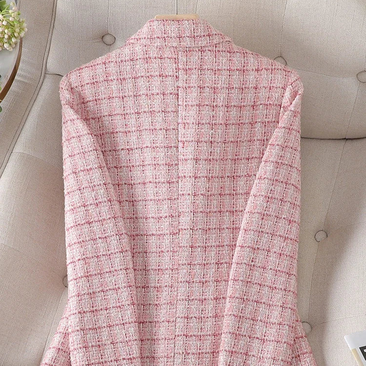 Long Sleeve Women Blazer - Ladies Pink & Beige Plaid Female Casual Jacket Coat